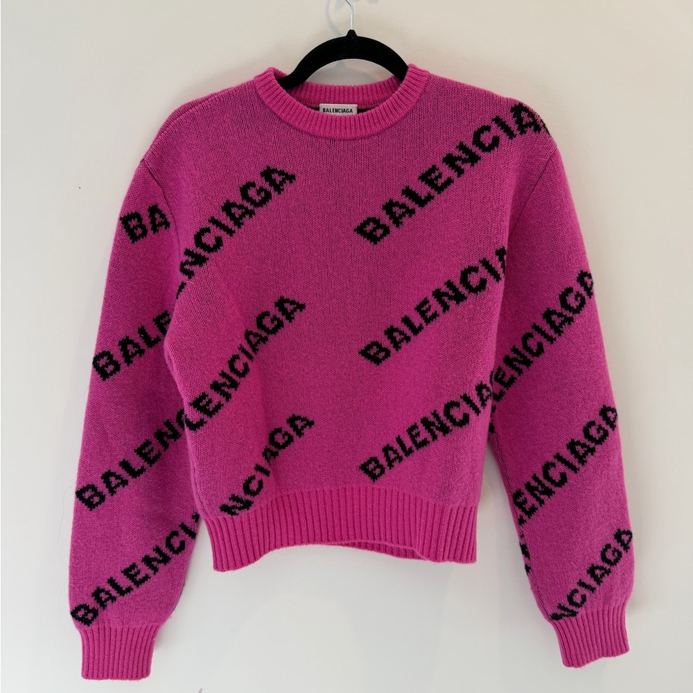 Balenciaga Hot Pink Logo Intarsia Crewneck Sweater